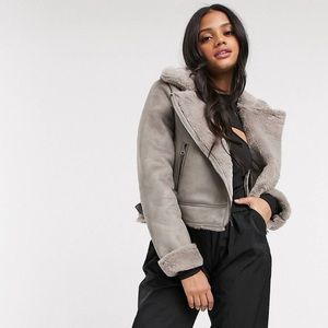 Crop Faux-leather aviator jacket w/ Sherpa in grey.